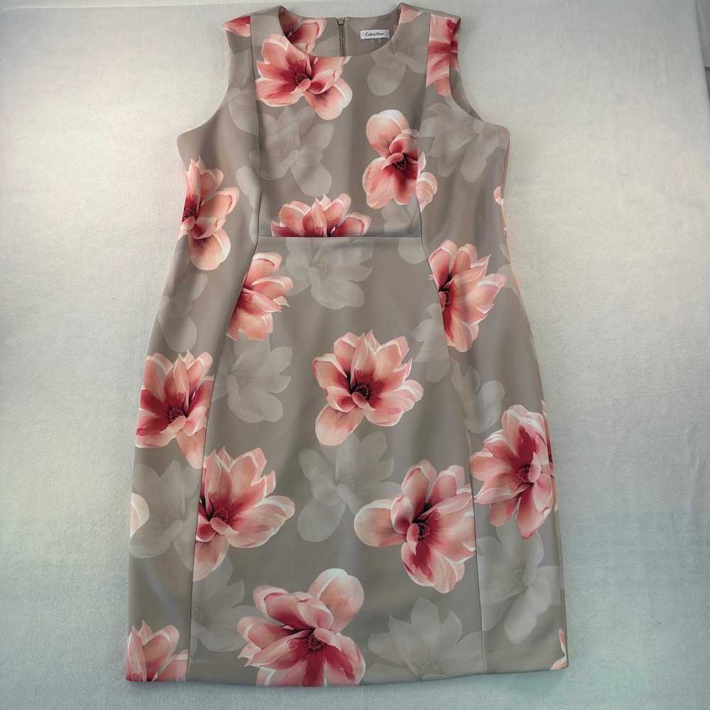 Calvin Klein 18W PinkMagnolia Floral Sheath Dress Taupe Sleeveless Scuba Stretch